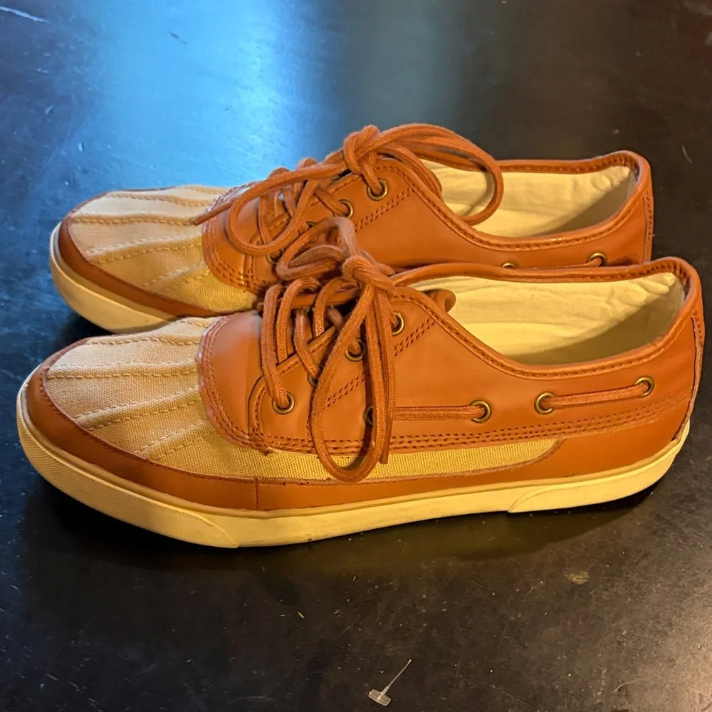 Polo by Ralph Lauren Tan Canvas with Brown Leather Trim Boat Shoes